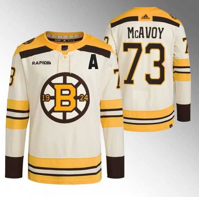 Mens Boston Bruins #73 Charlie McAvoy Cream With Rapid7 Patch 100th Anniversary Stitched Jersey Dzhi